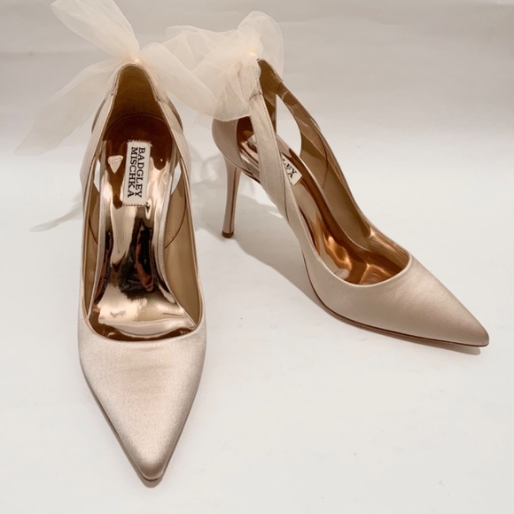 Badgley Mischka Kinsley Tulle Bow Detail Pumps Nude Stiletto Heel Evening Shoes - Picture 7 of 12
